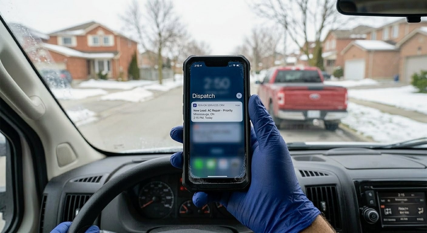 Service technician checking dispatch notification between calls